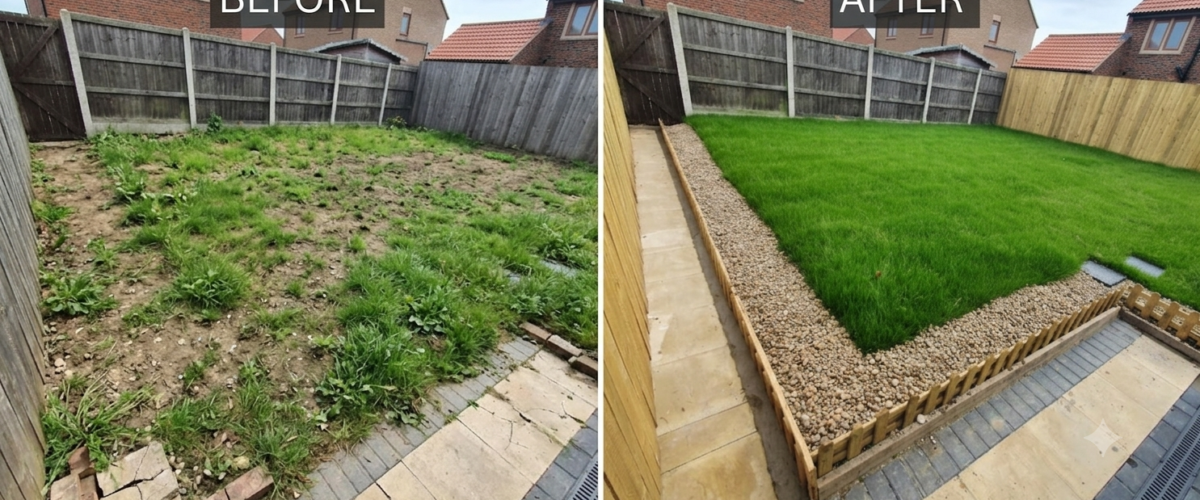 Garden landscaping Huddersfield before and after turfing transformation