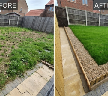 Garden landscaping Huddersfield before and after turfing transformation