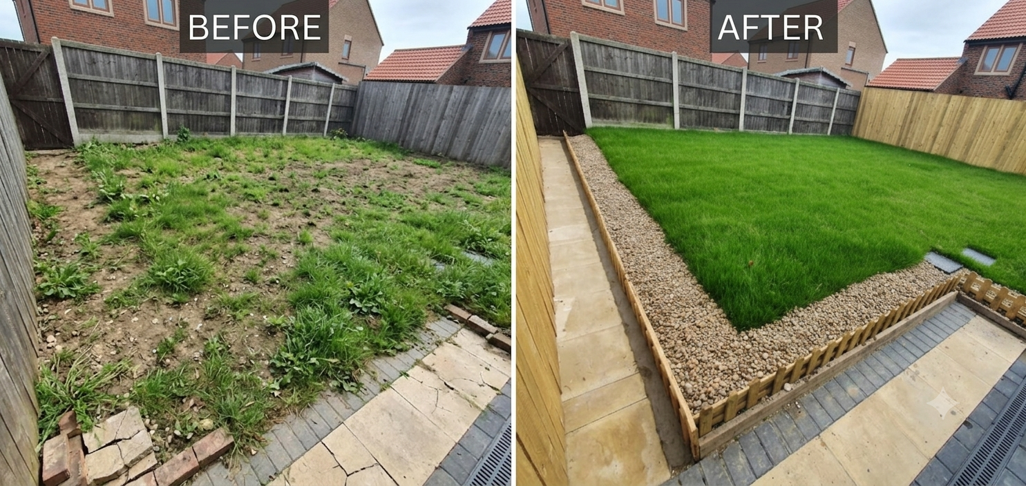 Garden landscaping Huddersfield before and after turfing transformation