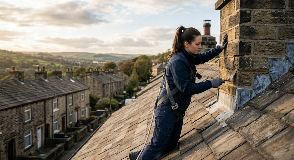 Roof repairs Huddersfield technician inspecting roof tiles and flashing