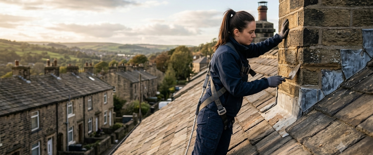 Roof repairs Huddersfield technician inspecting roof tiles and flashing