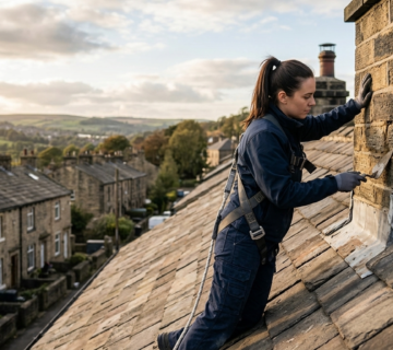 Roof repairs Huddersfield technician inspecting roof tiles and flashing